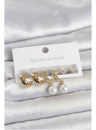 316L Çelik Gold Renk inci Halka Detaylı Kadın Küpe Seti