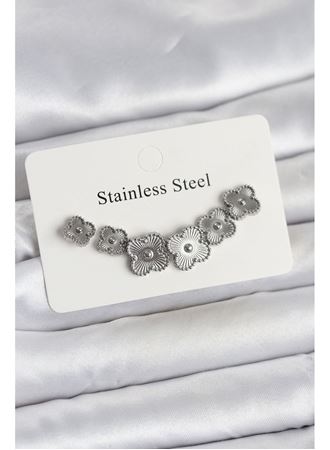 316L Çelik Gümüş Renk Yonca Küpe Seti