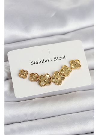 316L Çelik Gold Renk Yonca Küpe Seti