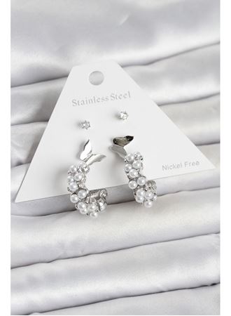 Pirinç Gümüş Renk Kelebek Detaylı Kadın Küpe Seti