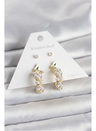 Pirinç Gold Renk Kelebek Detaylı Kadın Küpe Seti