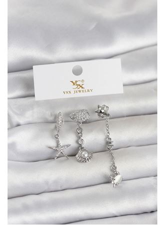 Pirinç Gümüş Renk Zirkon Taşlı Deniz Temalı 3'lü Kadın Küpe