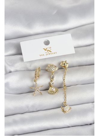 Pirinç Gold Renk Zirkon Taşlı Deniz Temalı 3'lü Kadın Küpe