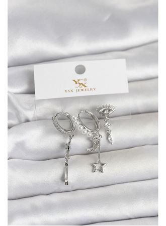 Pirinç Gümüş Renk Zirkon Taşlı Gece Temalı 3'lü Kadın Küpe