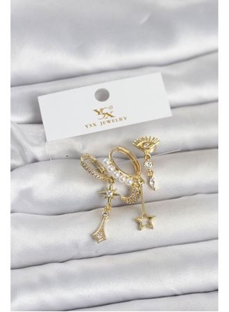 Pirinç Gold Renk Zirkon Taşlı Gece Temalı 3'lü Kadın Küpe