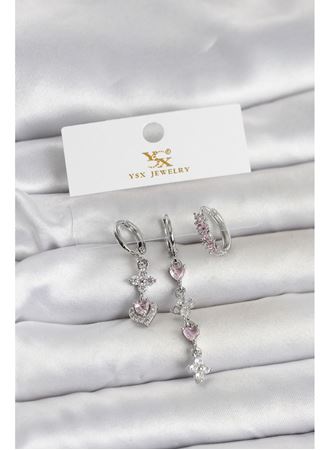 Pirinç Gümüş Renk Pembe Zirkon Taşlı 3'lü Kadın Küpe