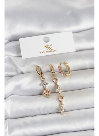 Pirinç Gold Renk Pembe Zirkon Taşlı 3'lü Kadın Küpe