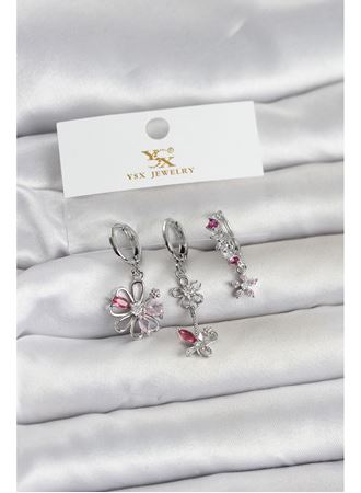 Pirinç Gümüş Renk Çiçek Model 3'lü Kadın Küpe