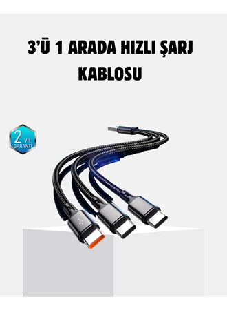3 Başlıklı Hızlı Şarj Kablosu Metal Alaşımlı Dayanıklı ve Akıllı Çipli