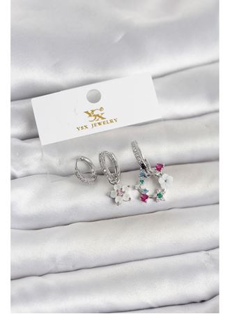 Pirinç Gümüş Renk Çiçek Model 3'lü Kadın Küpe