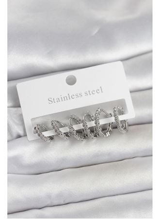 316L Çelik Gümüş Renk Zirkon Taşlı Halka Model Kadın Küpe Seti