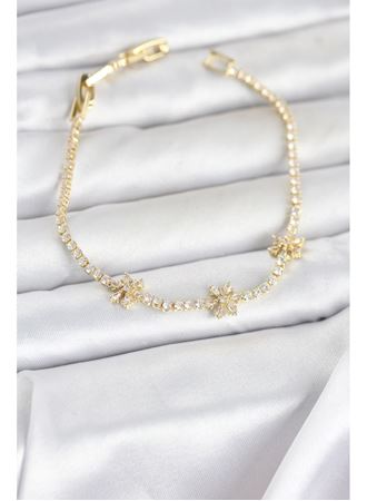 Pirinç Gold Renk Çiçek Model Zirkon Taşlı Su Yolu Kadın Bileklik