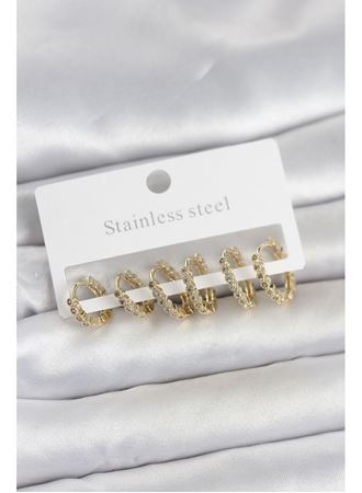 316L Çelik Gold Renk Zirkon Taşlı Halka Model Kadın Küpe Seti