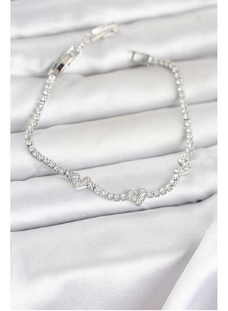 Pirinç Gümüş Renk Kalp Model Zirkon Taşlı Su Yolu Kadın Bileklik