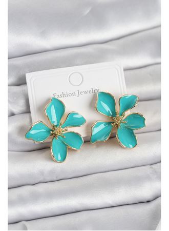 Turkuaz Mineli Çiçek Model Pirinç Kadın Küpe