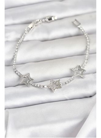 Pirinç Gümüş Renk Yıldız Model Zirkon Taşlı Su Yolu Kadın Bileklik