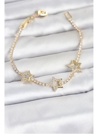 Pirinç Gold Renk Yıldız Model Zirkon Taşlı Su Yolu Kadın Bileklik