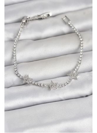Pirinç Gümüş Renk Minimal Yıldız Model Zirkon Taşlı Su Yolu Kadın Bileklik