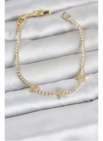 Pirinç Gold Renk Minimal Yıldız Model Zirkon Taşlı Su Yolu Kadın Bileklik