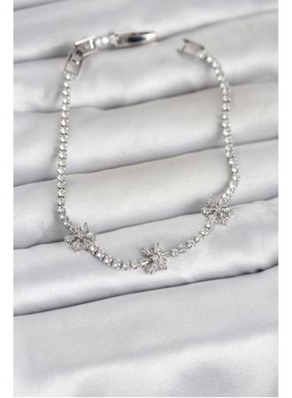 Pirinç Gümüş Renk Çiçek Model Zirkon Taşlı Su Yolu Kadın Bileklik