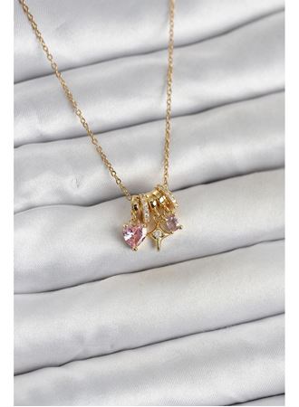 316L Çelik Gold Pembe Zirkon Taşlı Charmlı Kadın Kolye