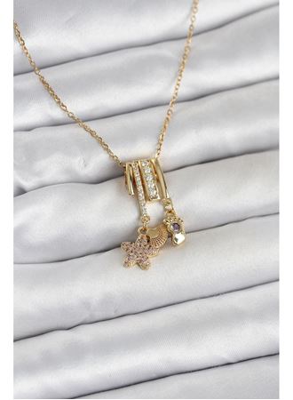 316L Çelik Gold Zirkon Taşlı Deniz Tema Charmlı Kadın Kolye