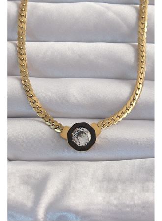 316L Çelik Gold Renk Ezme Zincir Zirkon Taşlı Mineli Serenay Kolyesi