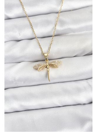 316L Çelik Zincir Gold Renk Yusufçuk Model Zirkon Taşlı Kadın Kolye