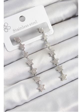 Pirinç Zirkon Taşlı Sallantılı Yıldız Model Gümüş Renk Kadın Küpe