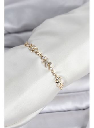 Gold Renk Yonca Model Zirkon Taşlı Asansörlü Kadın Bileklik