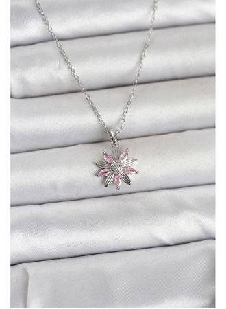 316L Çelik Zincir Gümüş Renk Pembe Papatya Model Kadın Kolye