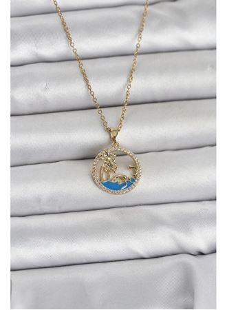 316L Çelik Zincir Gold Renk Zirkon Taşlı Deniz Temalı Kadın Kolye