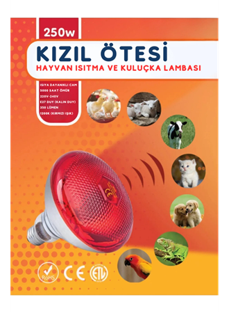 250W Kızılötesi (infrared) Isıtıcılı Hayvan Isıtma ve Kuluçka Lambası (Kırmızı Işık) E27 (Kalın Duy) (