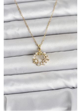 316L Çelik Zincir Gold Renk İncili Çiçek Model Kadın Koyle