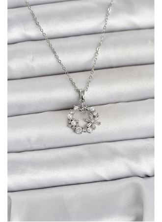 316L Çelik Zincir Gümüş Renk İncili Çiçek Model Kadın Koyle