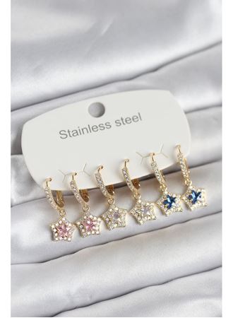 316L Çelik Zirkon Taşlı Yıldız Form 6'lı Set Kadın Küpe