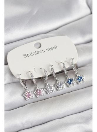 316L Çelik Gümüş Renk Zirkon Taşlı Yıldız Form 6'lı Set Kadın Küpe