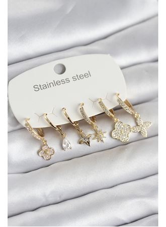 316L Çelik Gold Renk 6'lı Set Yonca Model Kadın Küpe