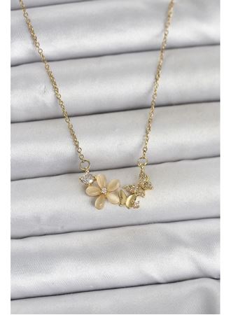 316L Çelik Zincir Gold Renk Çiçek ve Kelebek Model Kadın Kolye