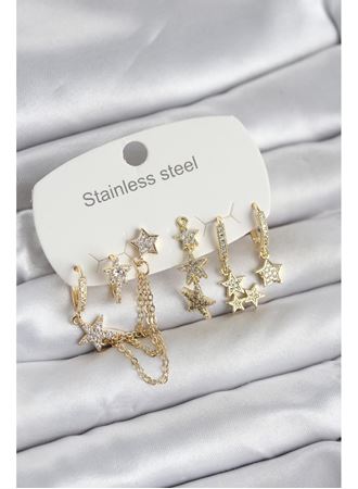 316L Çelik Gold Renk 6'lı Set Zincirli Yıldız Modelli Kadın Küpe