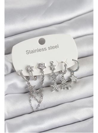 316L Çelik Gold Renk 6'lı Set Zincirli Yıldız Modelli Kadın Küpe