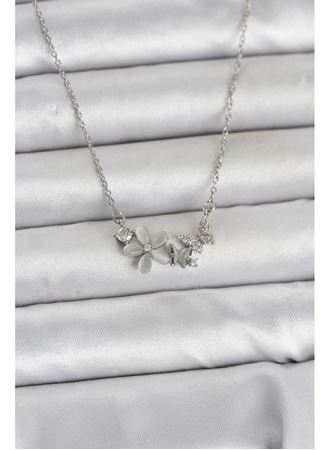 316L Çelik Zincir Gümüş Renk Çiçek ve Kelebek Model Kadın Kolye