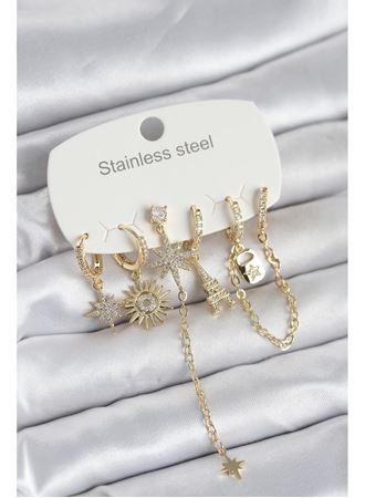 316L Çelik Gold Renk 6'lı Set Charmlı Kadın Küpe
