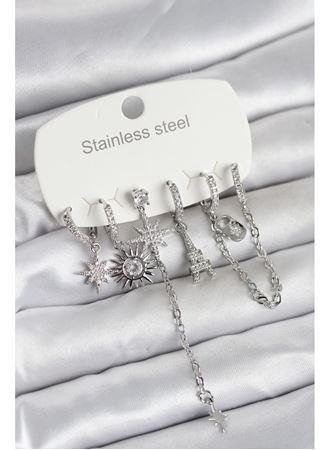 316L Çelik Gümüş Renk 6'lı Set Charmlı Kadın Küpe