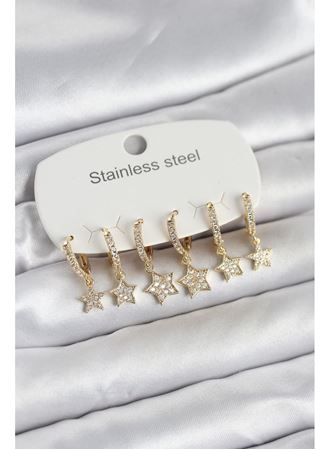316L Çelik Gold Renk 6'lı Set Yıldız Model Kadın Küpe