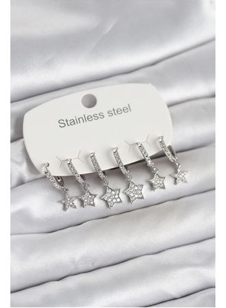 316L Çelik Gümüş Renk 6'lı Set Yıldız Model Kadın Küpe