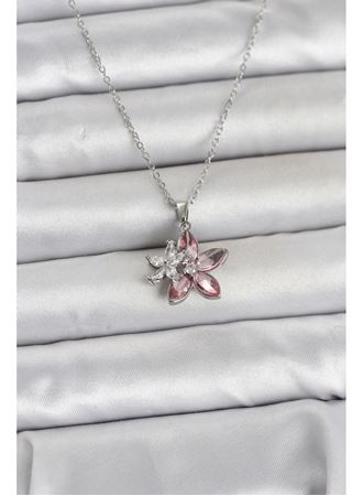 316L Çelik Zincir Gümüş Renk Pembe Lotus Model Kadın Kolye