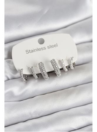 316L Çelik Gümüş Renk 6'lı Set Zirkon Taşlı Halka Model Kadın Küpe