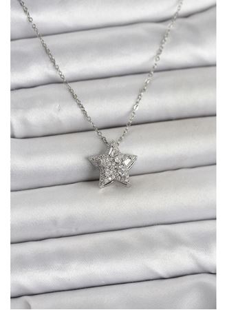 316L Çelik Zincir Gümüş Renk Zirkon Taşlı Yıldız Model Kadın Kolye