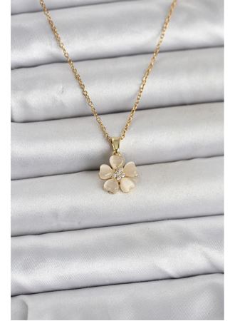 316L Çelik Zincir Gold Renk Yonca Model Kadın Kolye